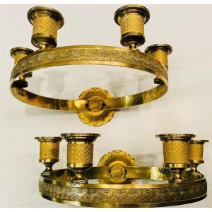 Pair Of Unusual Round Empire-style Bronze Wall Sconces From The Late 19th Century