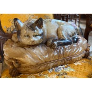 Life-size Alabaster Sculpture Of A Cat On A Cushion From The Napoleon III Period