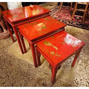 Set Of Three Nesting Tables In Red And Gold Lacquer, China, Mid-20th Century