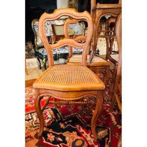 Set Of 6 Louis-philippe Chairs In Caned And Shaped Cherry Wood