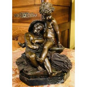 Bronze: Allegory Of Summer, After Clodion, Young Gardeners, 19th Century Bronze