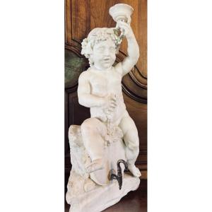 Bacchus As A Child On A Barrel, 19th Century, Marble Table Fountain 