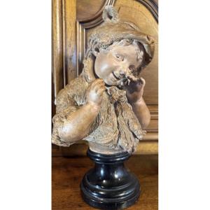 Terracotta Bust: Little Girl Wearing A Fox Skin, Inspired By 19th Century Tales