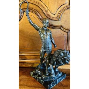 Gladiator With Lion, Art Deco Bronze By Jean Verschneider