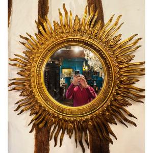 Important Gilded Wooden Sunburst Mirror – 20th Century – ø 125 Cm