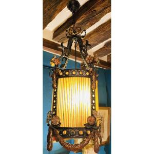 19th Century Painted Sheet Metal And Colored Glass Lantern
