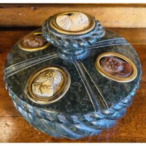 Souvenir Of The Grand Tour, A Beautiful Serpentine Inkwell With Lava Stone Cameos