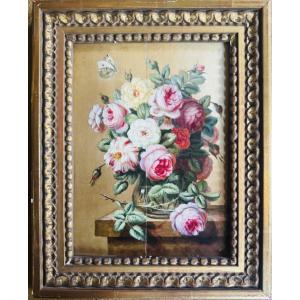 Vanity With A Bouquet Of Roses, Oil On Panel, 19th Century