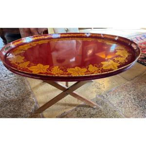  Folding Coffee Table With Removable Top In Painted Sheet Metal, Gold Decoration On A Red Background