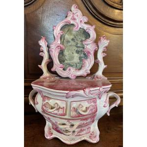 Small Ceramic Chest Of Drawers With Swiveling Mirror - Decorated In Shades Of Pink - Late 19th Century
