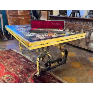 Large Coffee Table In Polychrome Marble Marquetry And Gilded Wrought Iron, In The Style Of