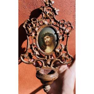 19th Century Sculptured And Open-heared Benitier With Christ's Face Painted On Porcelain