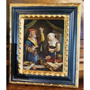 Alchemist Scene - Oil On Copper, 19th Century - Antique Frame
