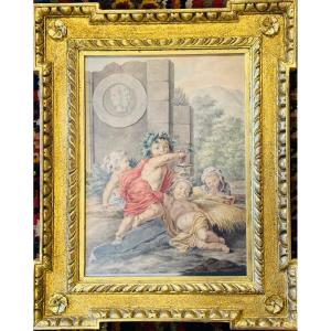 Bacchus Child And Putti, Neo-classical Gouache, Empire Period