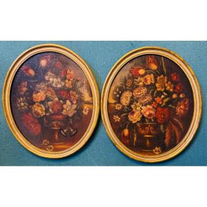 Pair Of Still Life With Flowers - Medicis Vaseslate 19th Century