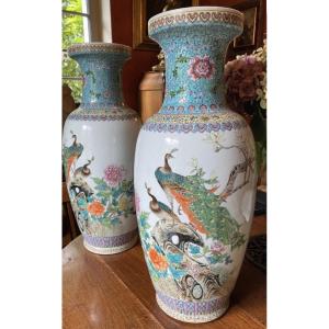 Large Pair Of Chinese Porcelain Vases, Famille Rose, XX Th Century
