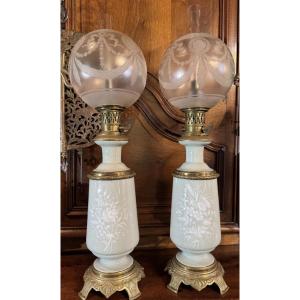 Large Pair Of Napoleon III Celadon Green Oil Lamps