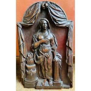 Allegory Of Charity - Oak Sculpture In High Relief, Partial Round - Travail Fr