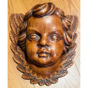 Large Cherub Angel Head In Carved Wood