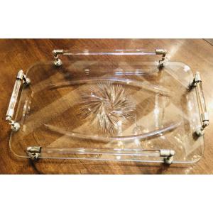 Engraved Crystal And Silver-plated Metal Serving Tray 1940s
