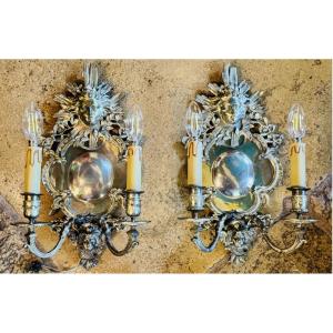 Pair Of Wall Sconces In Silver-plated Bronze With Sun And Mask Decor In The Louis XIV - XX Style