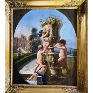 Italian Caprice With Putti And Medici Vase, Oil On Canvas Signed And Dated 1866
