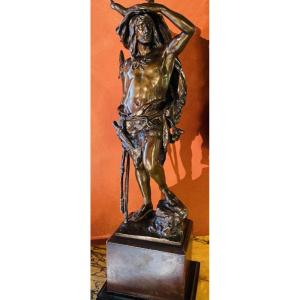 Large Bronze By Paul Ludwig Kowalczewski (1865-1910). Prehistoric Hunter On The Prowl