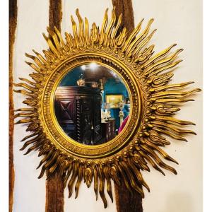 Important Golden Wood Sun Mirror, Large Size - XXth Century - ø 125 Cm