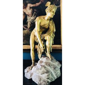 Hermes Or Mercury Reattaching His Sandal, Bronze From The Grand Tour, 19th Century
