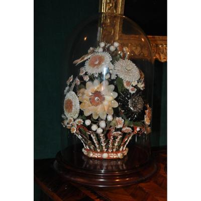 Beautiful Bouquet Of Flowers In Seashells Nineteenth Century Under Globe
