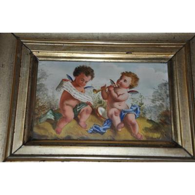 Large Porcelain Plate Painted With Love Musicians, XIXth Century