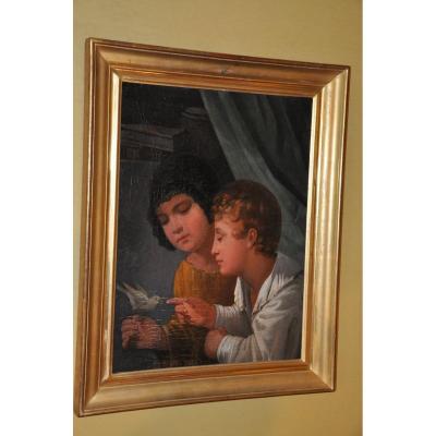 Two Children Singing A Bird, Oil On Canvas End Of Eighteenth Century