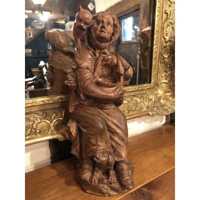 Terracotta From Beginning Of XIX Eme Century: Old Woman With Dog And Cat