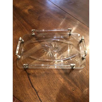 Service Tray In Engraved Crystal And Silver Metal From The 1940s