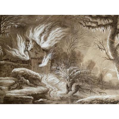 Large Romantic Drawing From The XVIII Eme Century Signed White, Mixed Technique