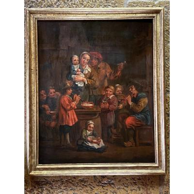 Large Family In An Interior, Oil On Canvas From The XVIII In The Taste E Of Teniers