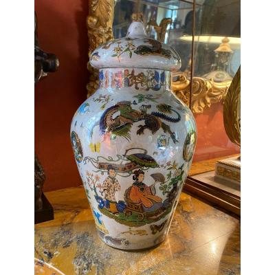 Large Vase Covered In Glass Decor In Chinese, XIX Eme Century