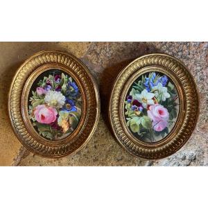 Pair Of Spring Flower Bouquets Painted On Porcelain,