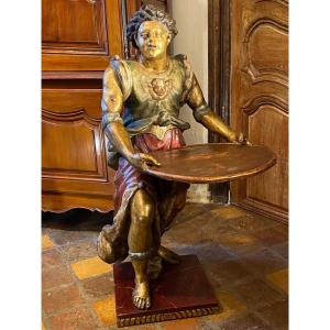 Large Statue In Polychrome Golden Wood, Mute Servant On The Tray XVIII Eme Century