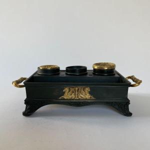 A Charles X Period Gilt And Patinated Bronze Inkwell, With Troubadour Decoration, Early 19th Century