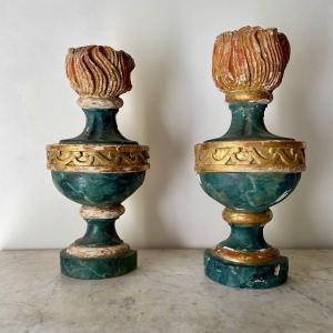 Pair Of Half Fire Pots In Gilded Carved Wood, Louis XIV Period, XVIIth XVIIIth Century, Rare