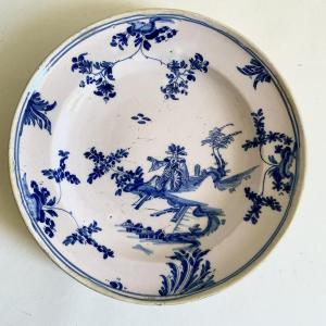 Manufacture Leroy Marseille Earthenware Plate Blue Camaïeu Chinese Decor 18th Century
