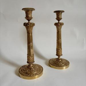 Important Pair Of Bronze Candlesticks, Empire/restoration Period, 19th Century