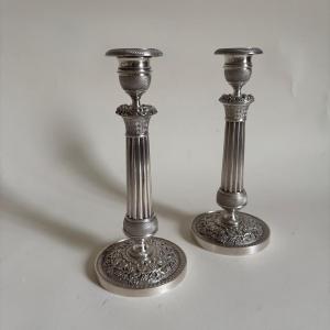 Pair Of Silvered Bronze Candlesticks, Louis Philippe Restoration Period, 19th Century