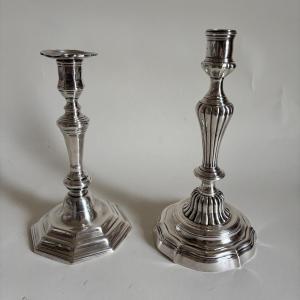 Two Louis XV/louis XVI Style Silvered Bronze Candlesticks 