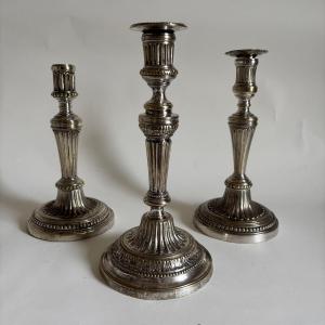 Three Louis XVI Period Silvered Bronze Candlesticks, 18th Century