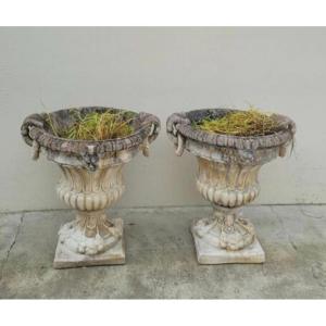 Pair Of Planter Vases Decorated With Faces In Reconstituted Stone 1950s