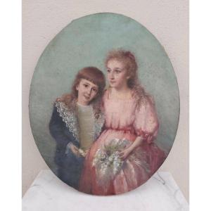 Painting Portrait Of Young Girls Oil On Canvas 19th