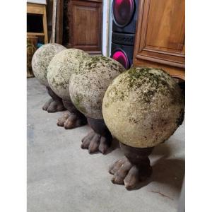 Cast Iron Lion Paw Feet With Old Garden Concrete Balls