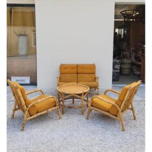 Rattan Living Room, Sofa And Two Armchairs And Coffee Table Vintage 1950s